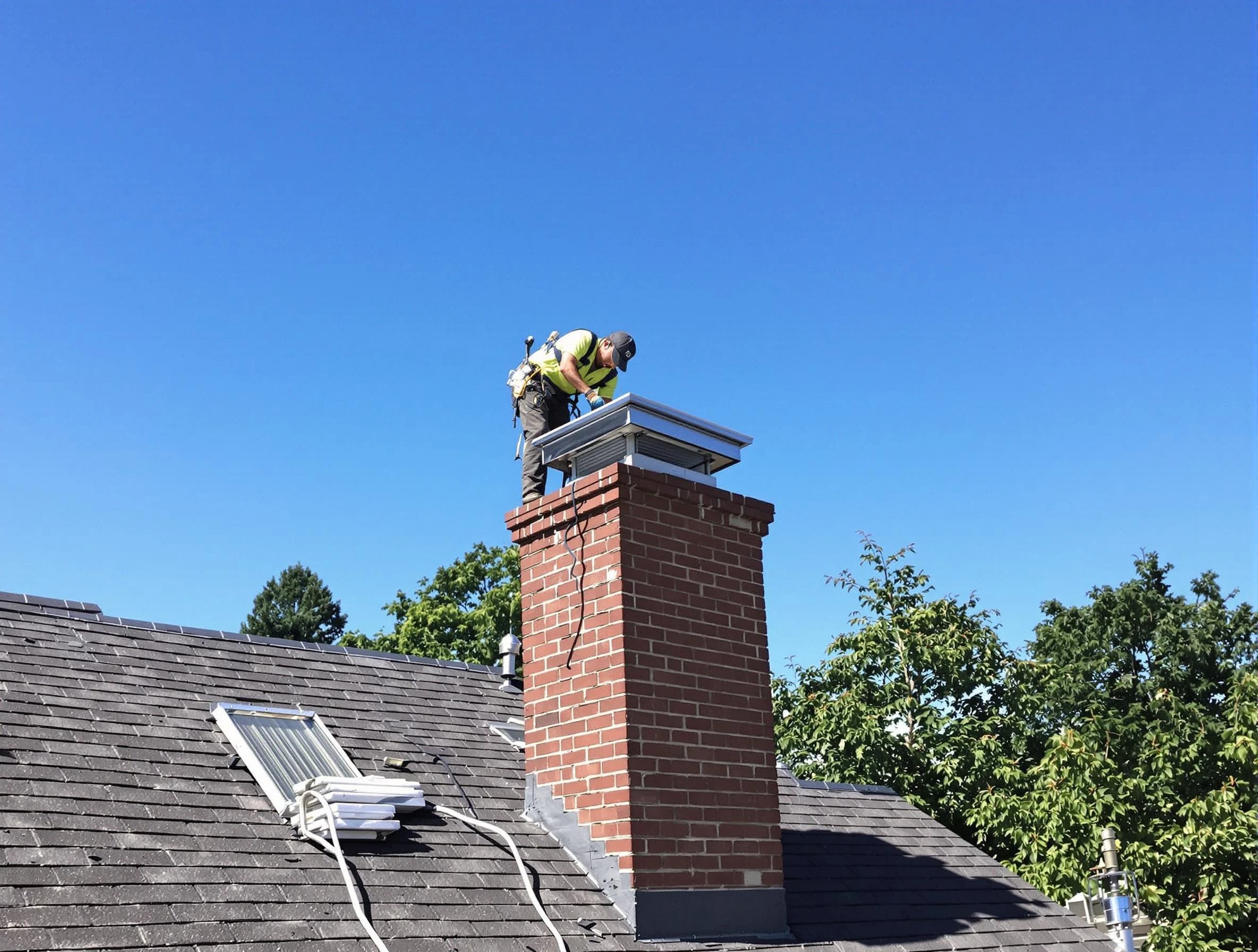 Orem Chimney Sweep technician measuring a chimney cap in Orem, UT